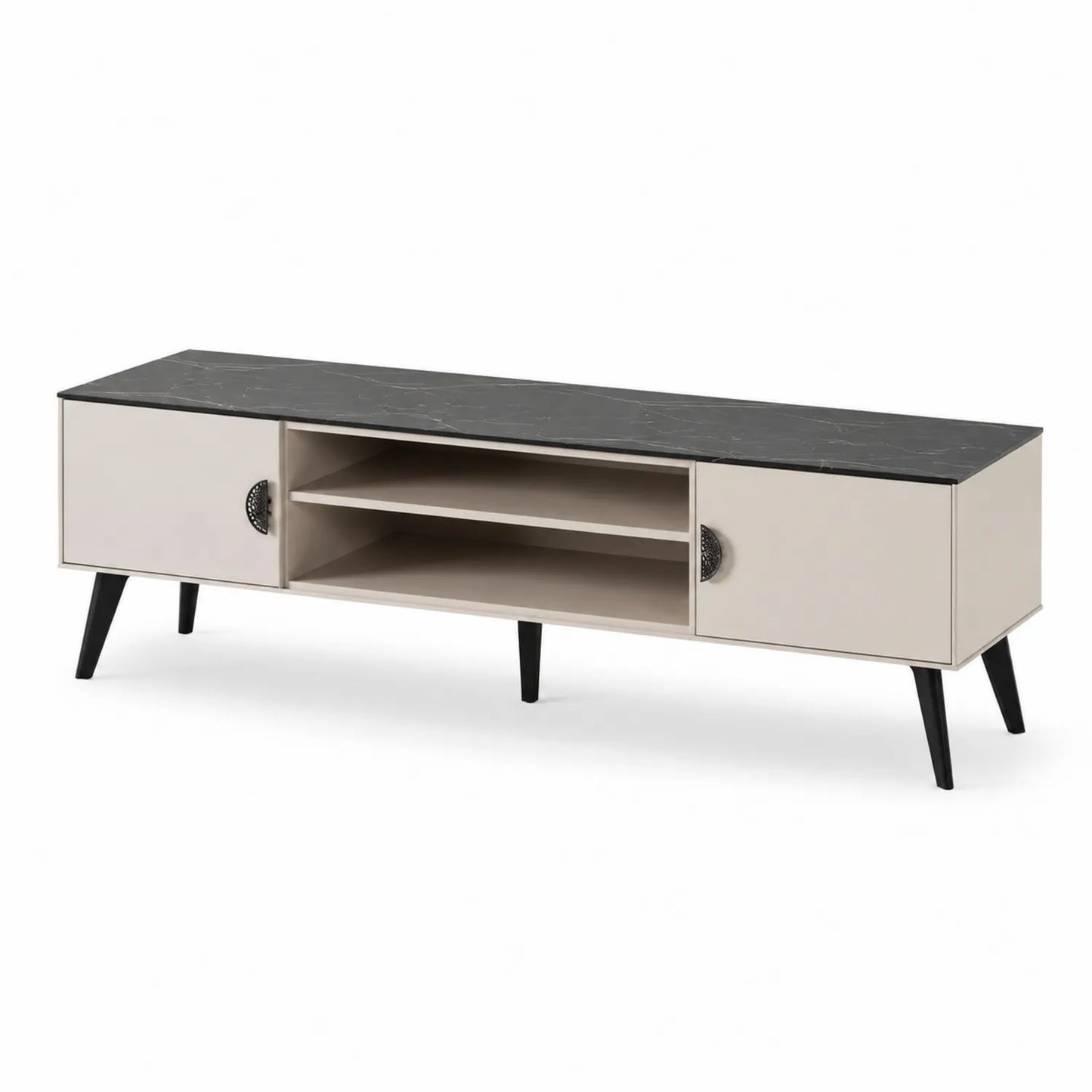 Meuble TV Bas en MDF avec Plateau Effet Marbre Noir