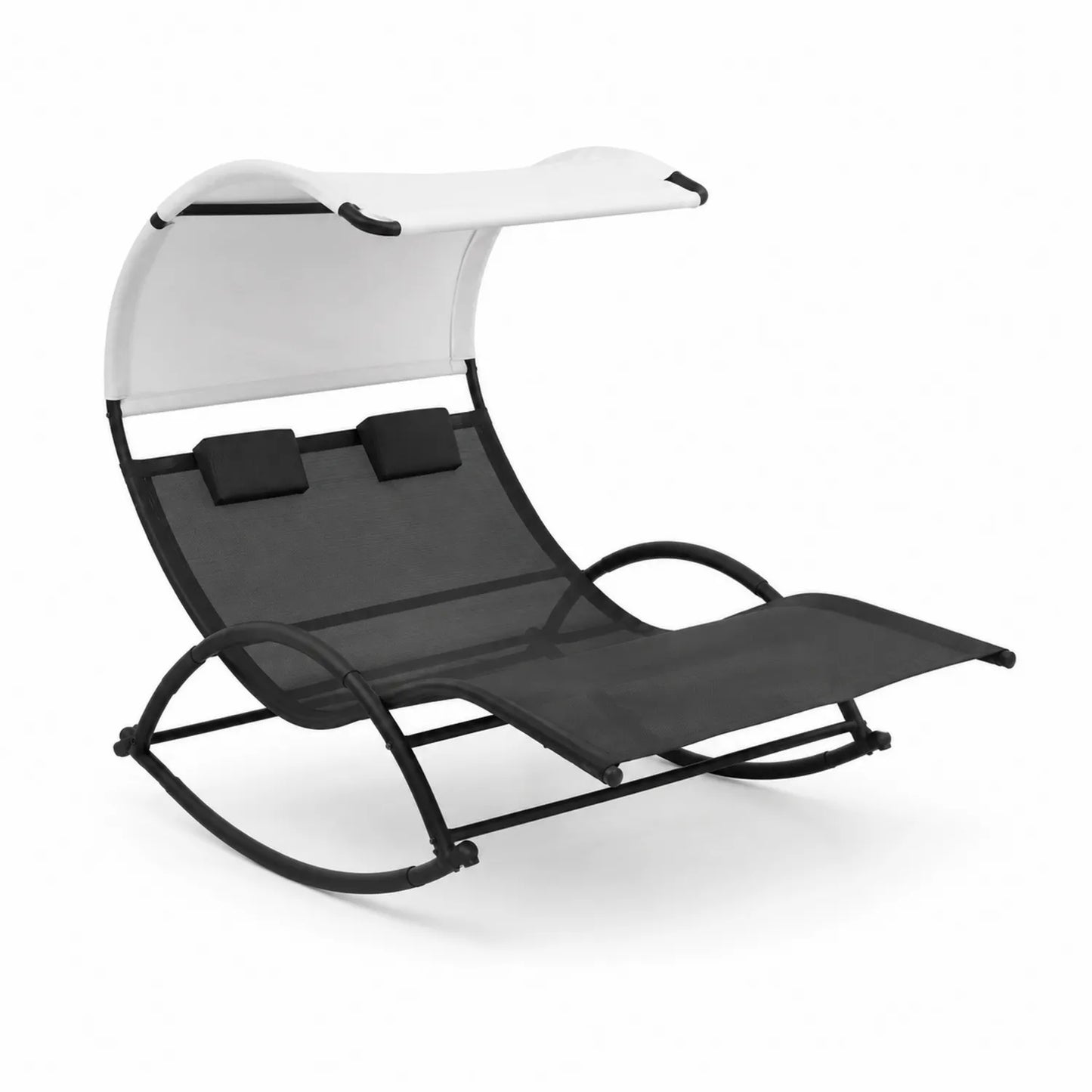 Chaise longue double en acier et tissu avec auvent