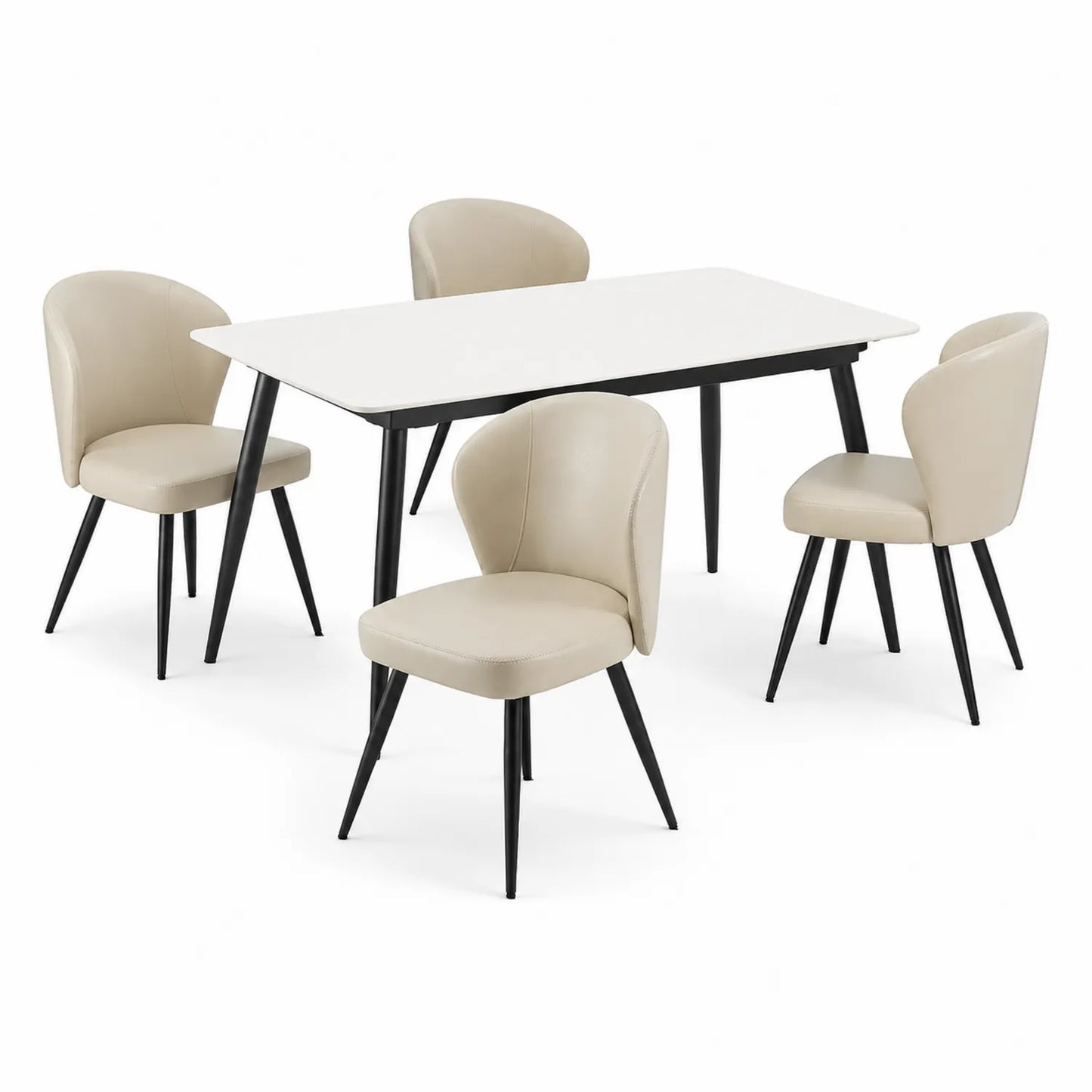 5-teiliges Esszimmer-Set mit weißem MDF-Tisch und beigen Kunstleder-Stühlen