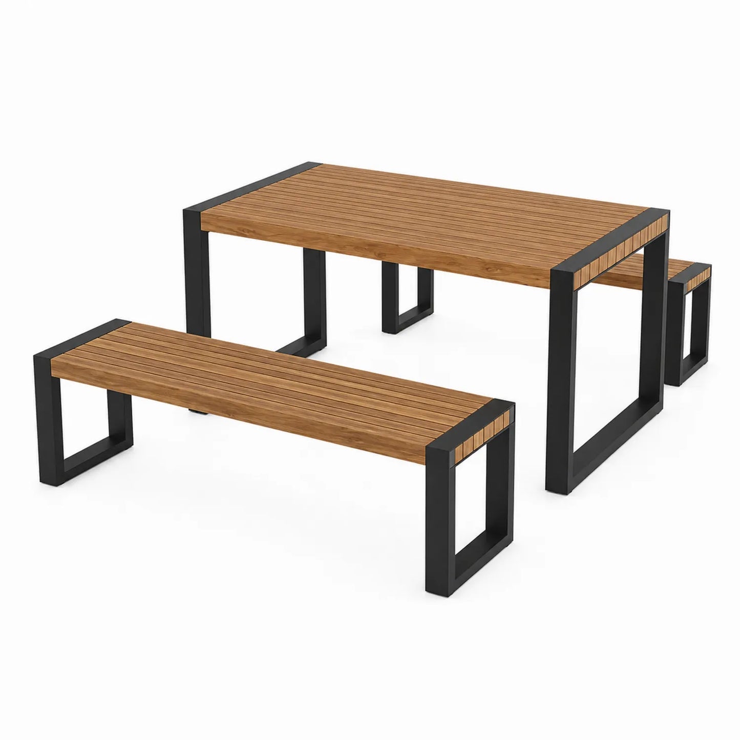 Ensemble table et bancs d'extérieur en bois d'acacia et métal noir 140 cm