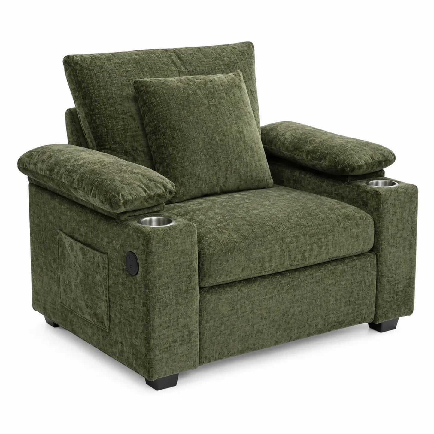 Fauteuil en chenille verte avec porte-gobelets