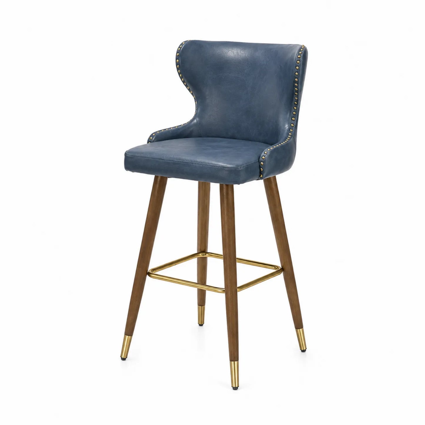 Tabouret de bar en cuir bleu avec pieds en bois et repose-pieds doré