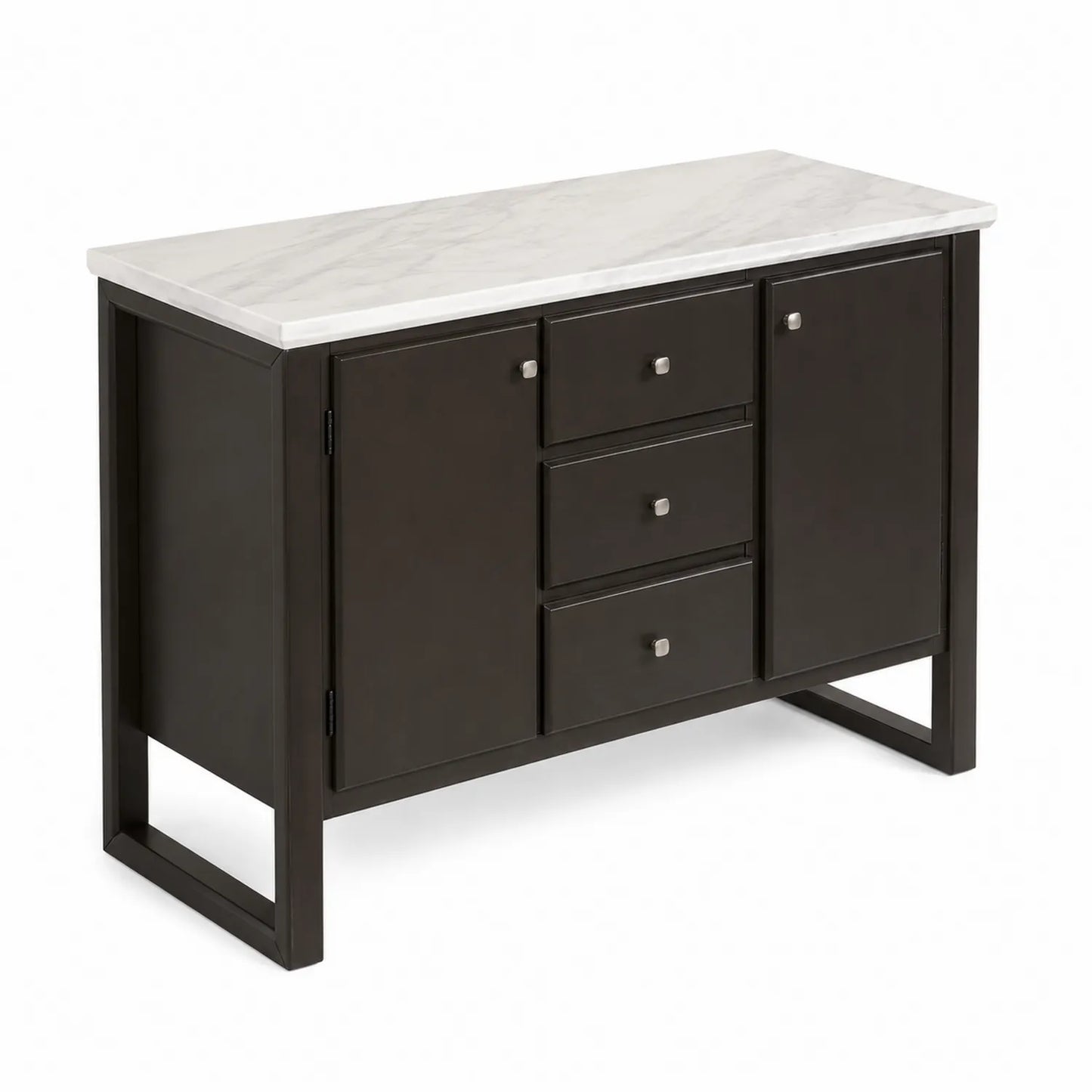 Buffet en bois avec plateau en marbre, 3 tiroirs, 2 portes, Noir/Marbre Blanc