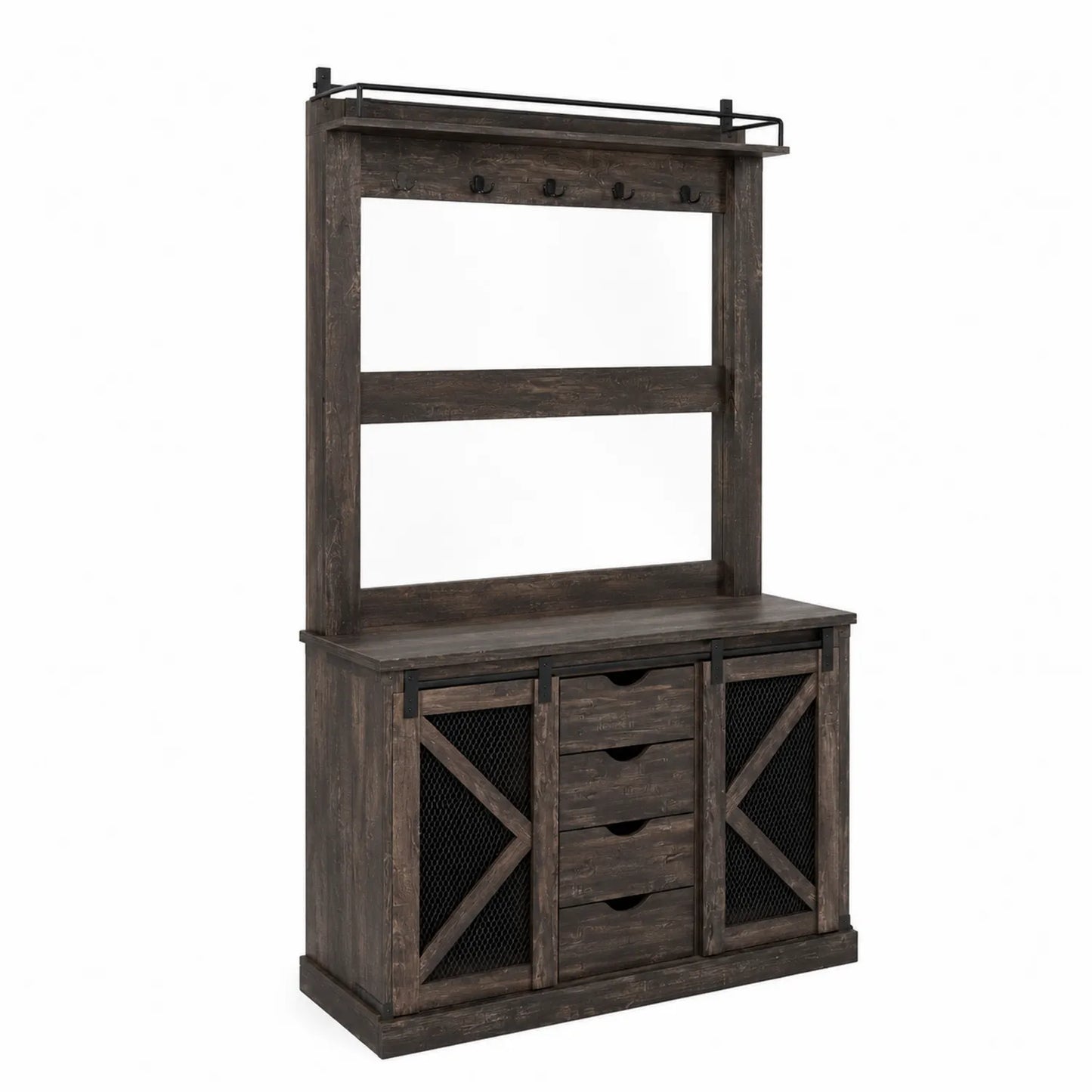 Meuble d'entrée en bois et métal avec miroir et crochets Marron
