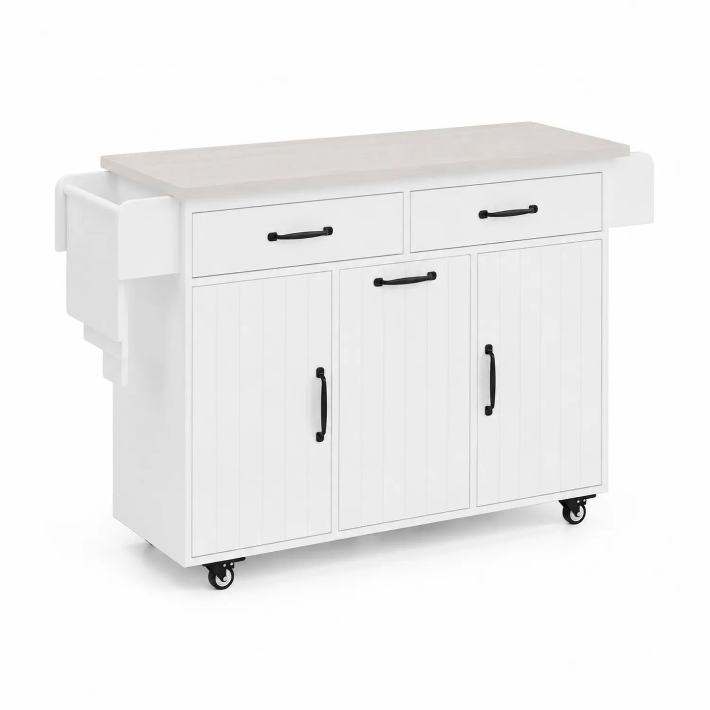 Chariot de cuisine en bois MDF avec plateau en chêne et roulettes, Blanc