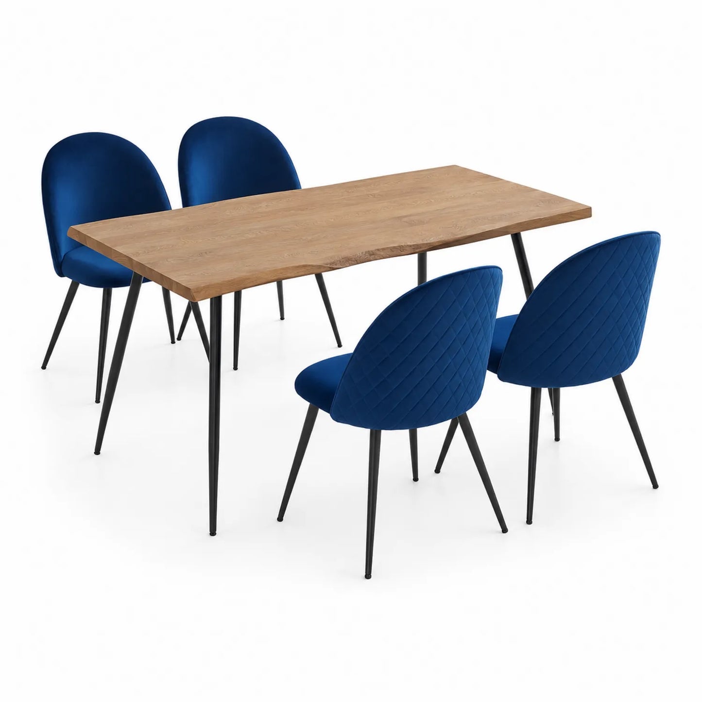 Ensemble de salle à manger en bois et velours bleu avec table et 4 chaises