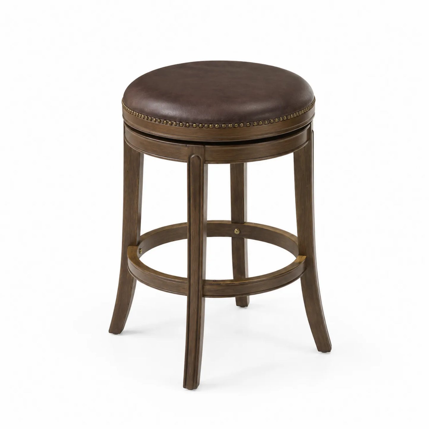 Tabouret en bois avec assise en cuir synthétique marron