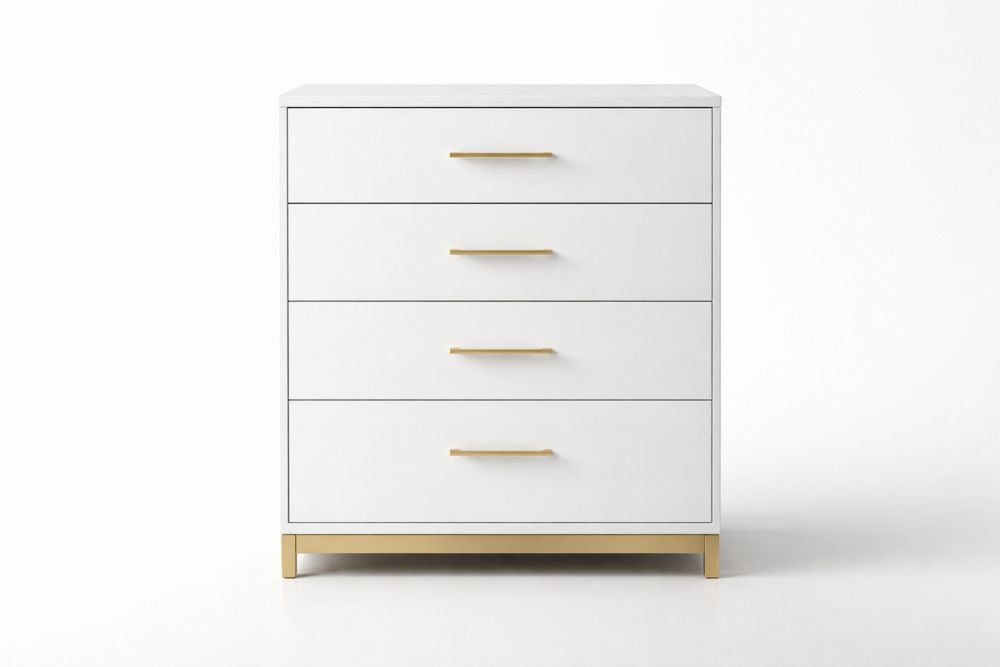 White Wooden 4-Drawer Cabinet with Gold Handles