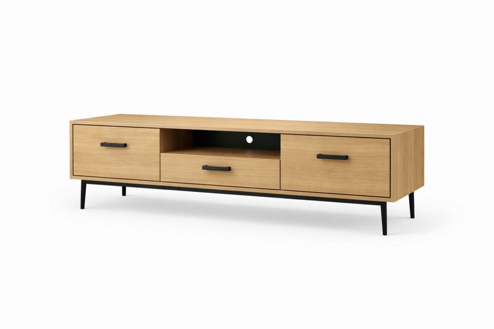 Particle Board TV Stand with Drawers and Open Shelf Black Steel Legs Length 120cm