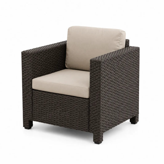 Fauteuil d'extérieur en résine tressée Marron avec coussins Beige
