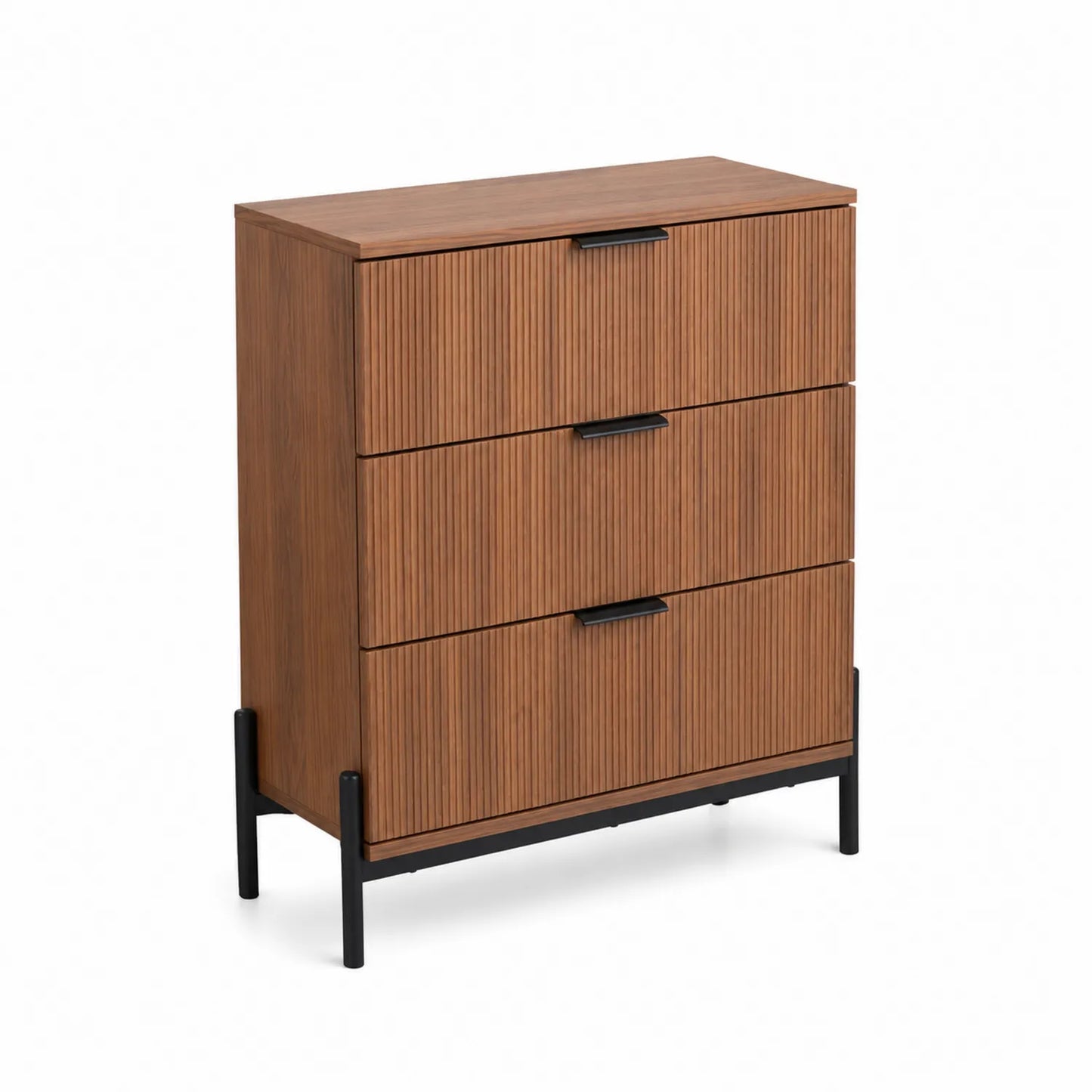 Commode à trois tiroirs en bois MDF et métal marron