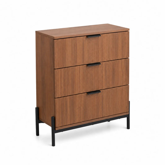 Commode à trois tiroirs en bois MDF et métal marron
