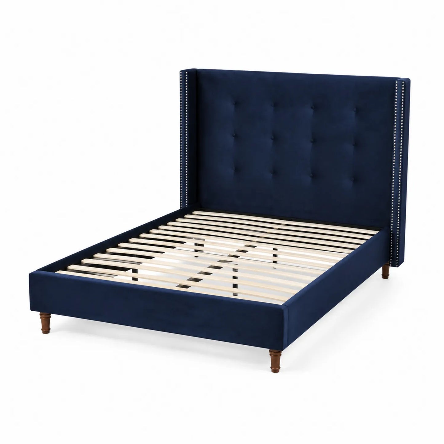 Lit double en velours bleu avec tête de lit capitonnée et pieds en bois