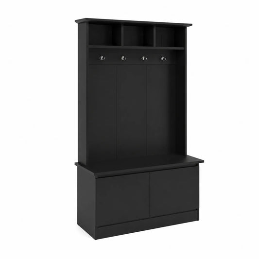 Vestiaire en Bois Noir avec Banc et Casiers 200x100x40 cm