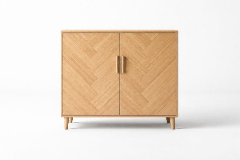 Two-Door Oak Veneer Storage Cabinet with Chevron Pattern 80cm Height