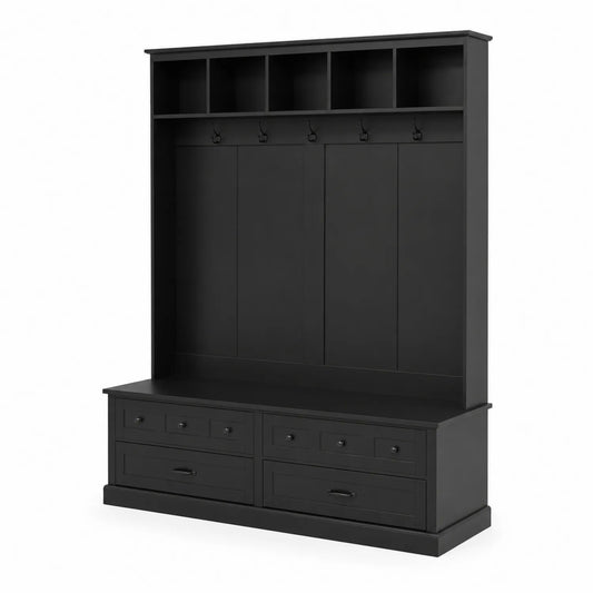 Porte-manteau en bois MDF noir avec tiroirs et étagères