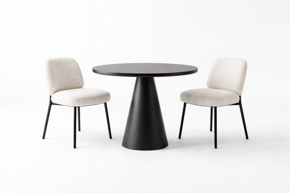 Dining Table Set with Round Black Steel Table and Polyester Fabric Chairs
