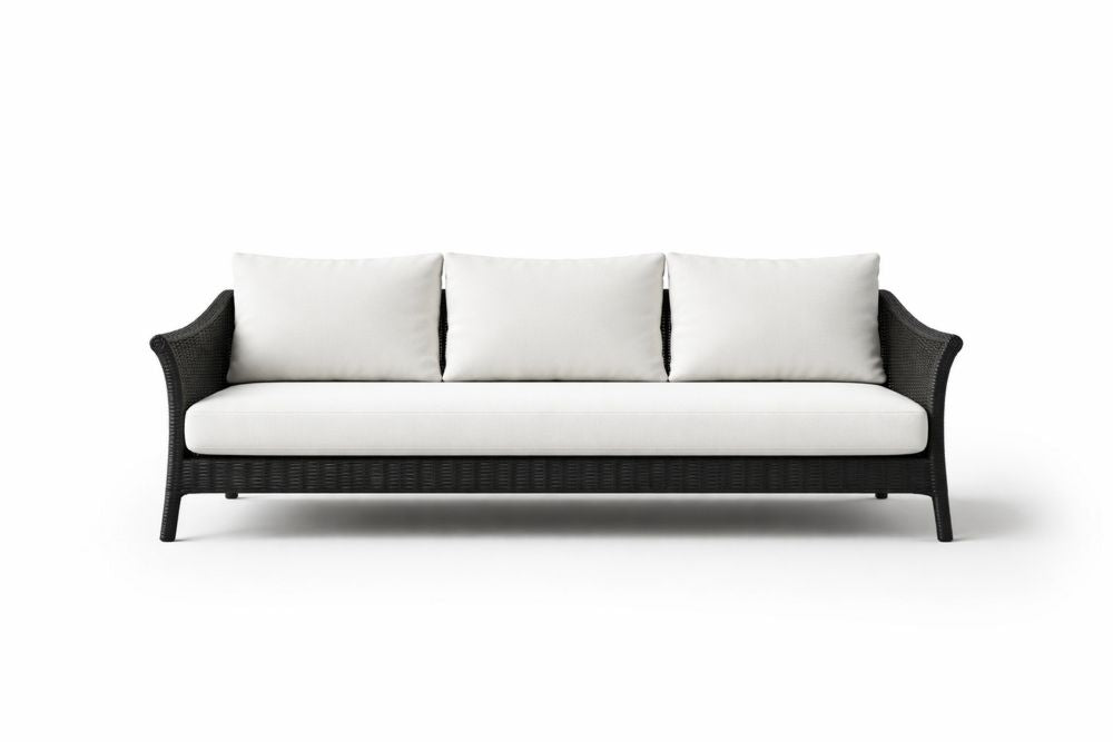 Three-Seater Wicker Long Sofa with Cushions Black White