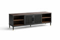 Walnut and Black TV Stand with Mesh Doors and Open Shelves