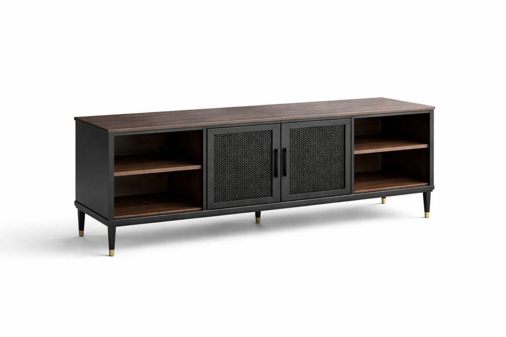 Walnut and Black TV Stand with Mesh Doors and Open Shelves