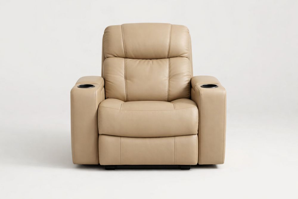 Recliner Lounge Chair PU Leather Manual Adjustable with Cup Holders Beige