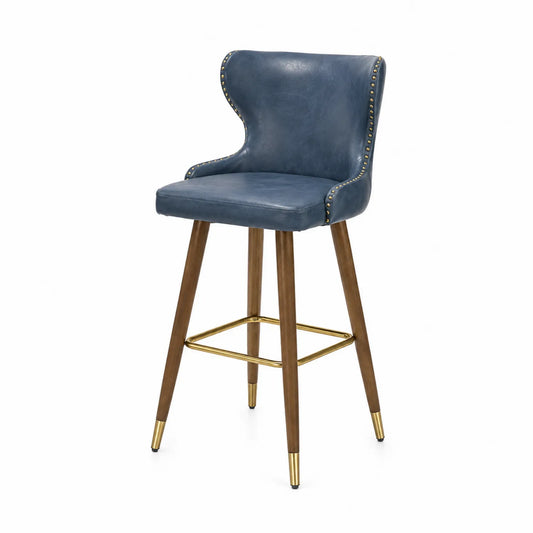 Tabouret de bar en cuir bleu avec pieds en bois et repose-pieds doré