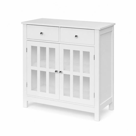 Buffet en MDF blanc avec tiroirs et portes en verre