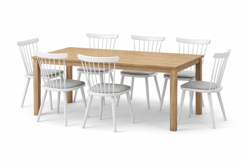 Dining Table Set Solid Wood Table with 7 White Spindle Back Chairs