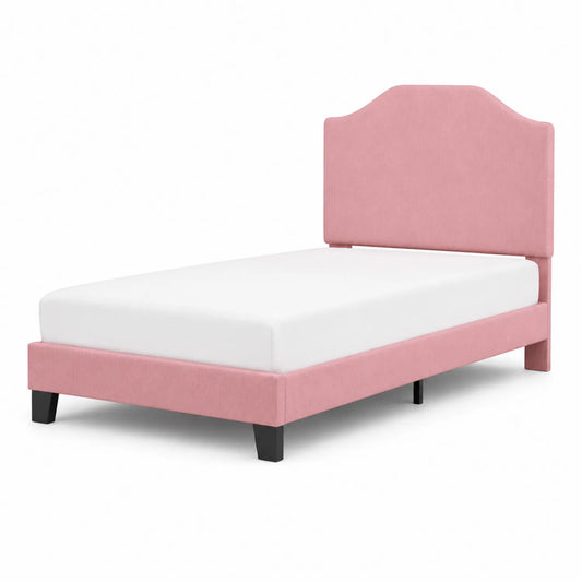 Lit simple en bois avec revêtement en tissu rose 200x90 cm