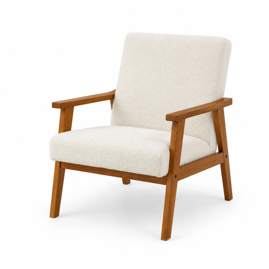 Fauteuil en bois avec revêtement en bouclé blanc