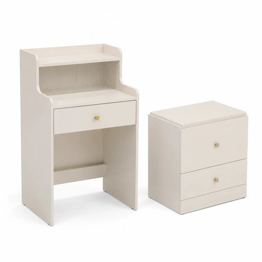 Coiffeuse et Table de Chevet en Bois Beige avec Tiroirs