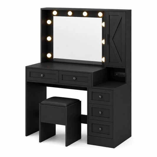 Coiffeuse en Bois MDF avec Miroir LED et Tabouret Noir