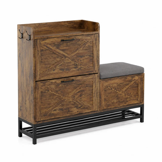 Schuhbank aus Holz und Metall mit Kissen