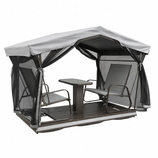 Hollywoodschaukel aus Metall mit Moskitonetz und Tisch, 2-Sitzer, Grau