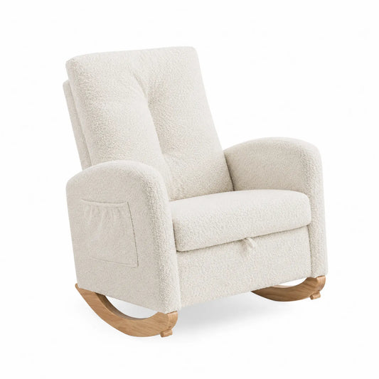 Fauteuil à bascule en bois et tissu bouclette