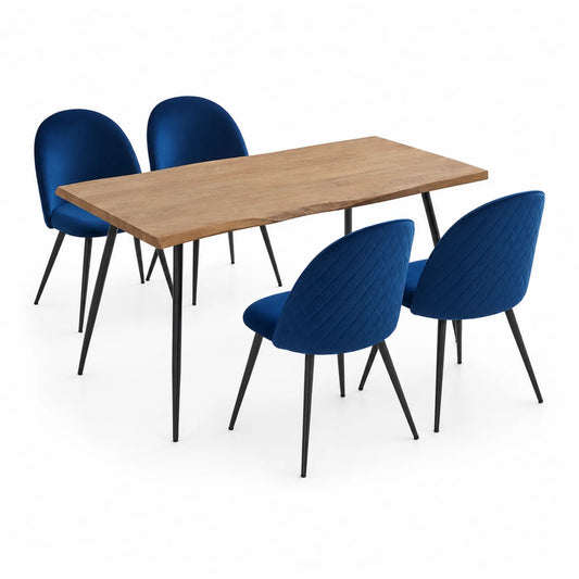 Ensemble de salle à manger en bois et velours bleu avec table et 4 chaises