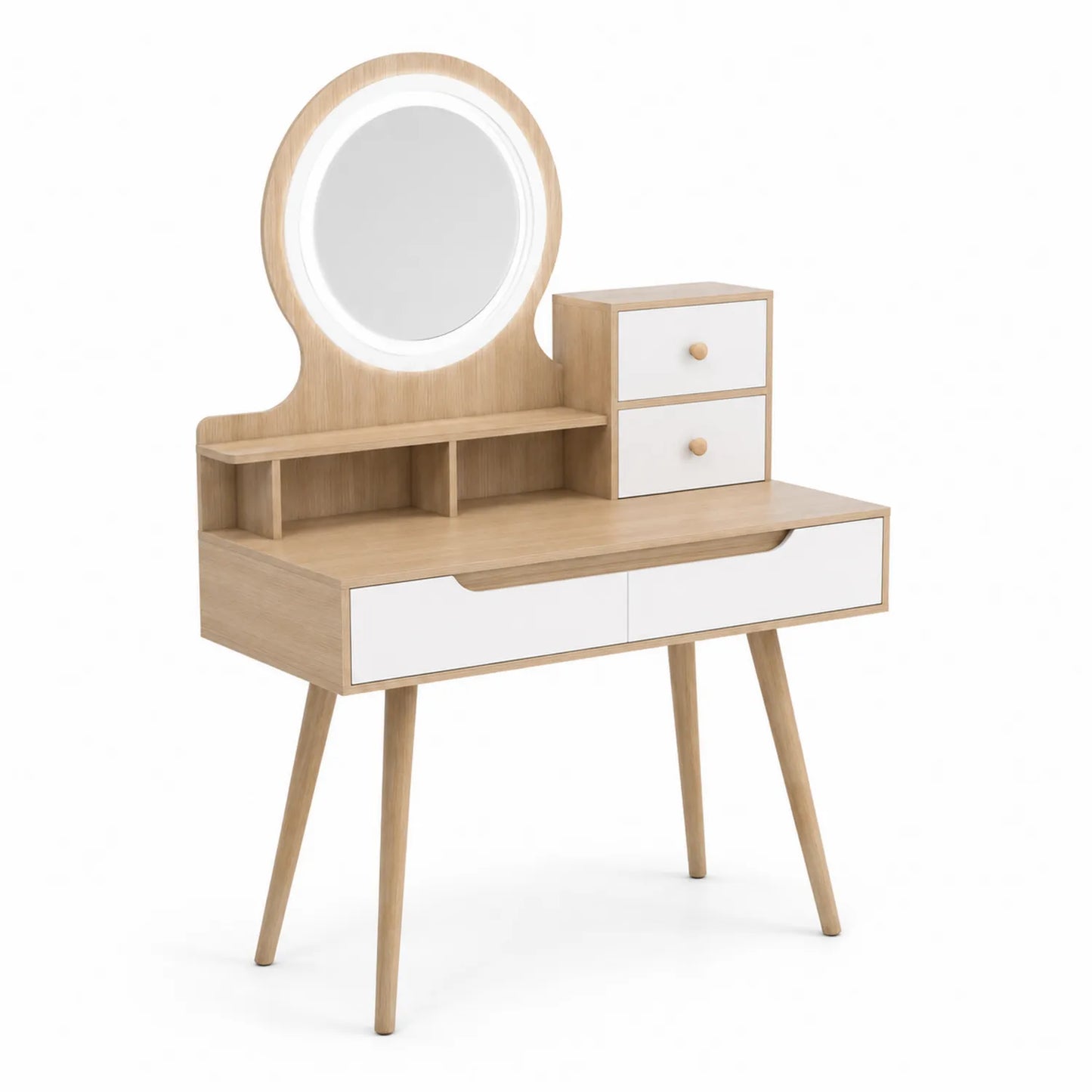 Coiffeuse en bois avec miroir rond éclairé et tiroirs