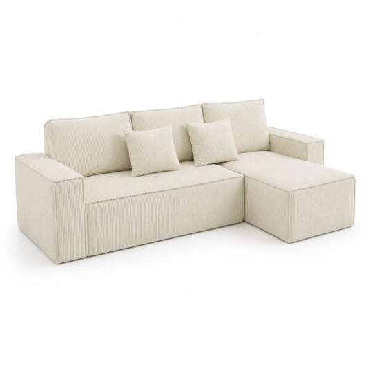 Canapé d'angle en velours côtelé beige avec méridienne