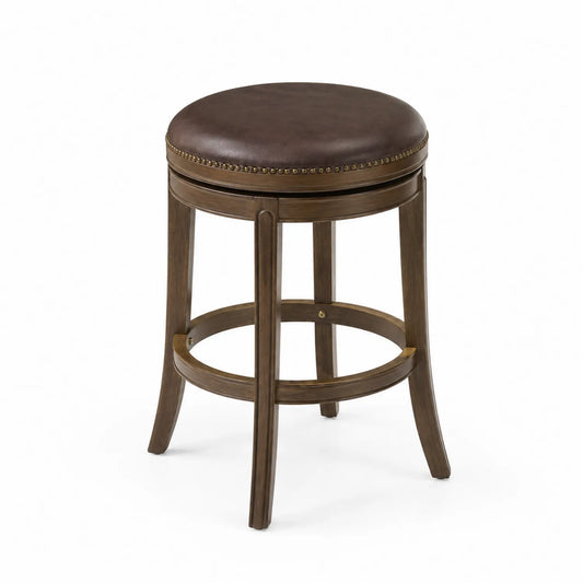 Tabouret en bois avec assise en cuir synthétique marron