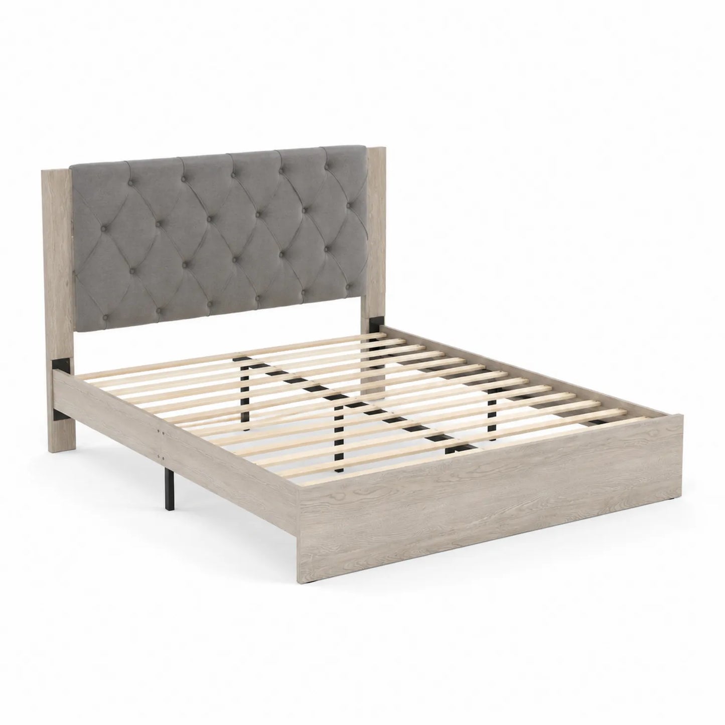 Lit double en bois avec tête de lit en tissu gris 160x200 cm