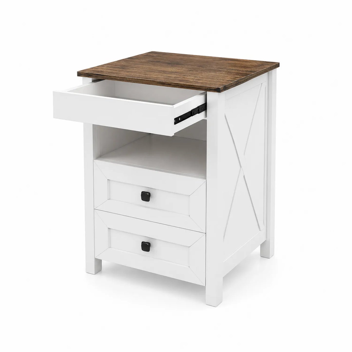 Table de chevet en bois avec tiroirs, Blanc et Bois naturel