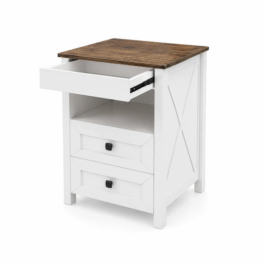 Table de chevet en bois avec tiroirs, Blanc et Bois naturel