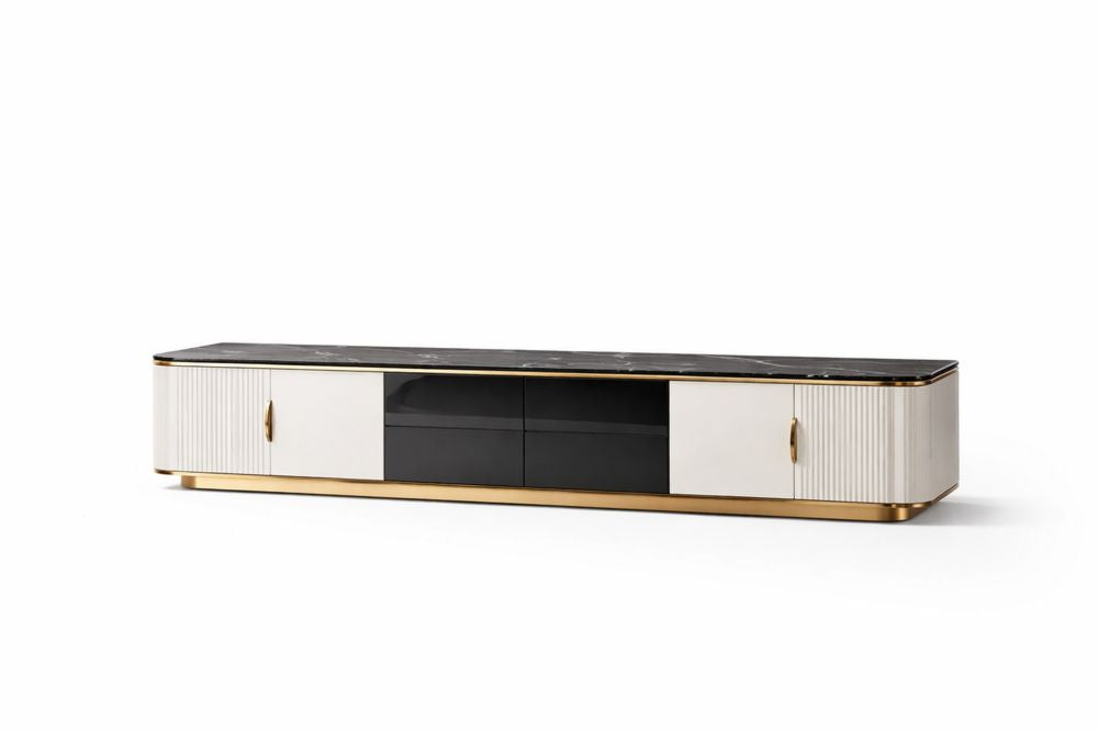 Wood TV Stand with Marble-Look Top in Black/White/Gold – 200cm Length