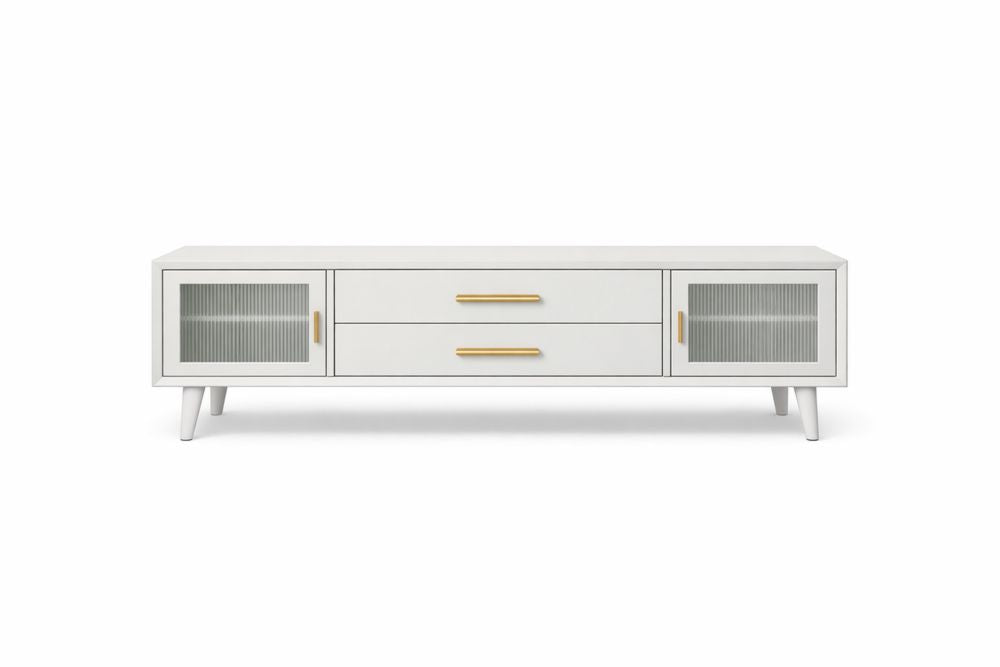White MDF Wood TV Stand with Glass Doors and Brass Handles Length 180cm