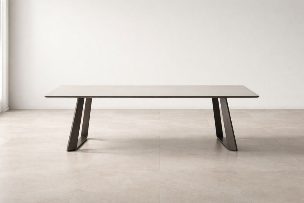 Rectangular Dining Table with Sintered Stone Top and Steel Base, Beige